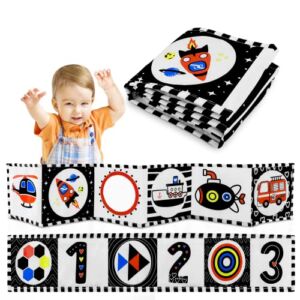 laplaisir Baby Black and White High Contrast Book Soft Cloth Books for Early Education Newborn Sensory Toys Infant Tummy Time Mirror (Vehicle & Number)
