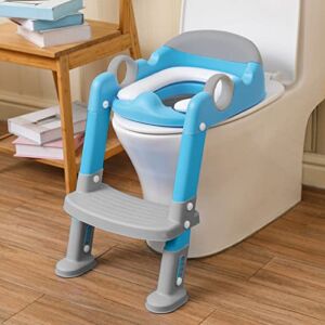 Potty Training Seat with Step Stool Ladder for Kids and Toddler,Wiifo Sturdy Potty Ladder with Soft Padded Cushion for Toddler Boys and Girls,Toddler Toilet Training Seat Chair(Grey Blue)