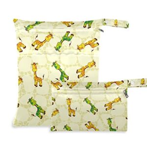 susiyo Cloth Diaper Wet Dry Bags Colorful Cartoon Animal Giraffe Waterproof Reusable Wet Bags with Two Zippered Pockets Baby Stroller Travel Beach Pool Gym Bag for Dirty Clothes Wet Swimsuits 2 Pack