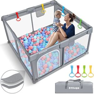 Stlloys Baby Playpen, 50x50inch Large Baby Play Yard with 4 Handles and 2 Doors, Safety Playpen for Babies and Toddlers, Indoor & Outdoor Kids Activity Center for Playing, Walking, Crawling (Gray)