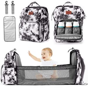SYNPOS Tie Dye Baby Diaper Backpacks, Diaper Bag Backpack with Foldable Baby Crib, Changing Station Diaper Bags for Boys Girl with Bassinet Bed Mat Pad Travel Waterproof Stroller Straps Large Capacity