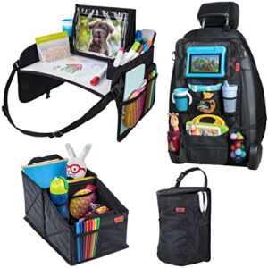 Lusso Gear “Toddler Travel Time” Bundle – Black – Kids Travel Tray, Back Seat Organizer, Car Seat Organizer, Car Trash Can