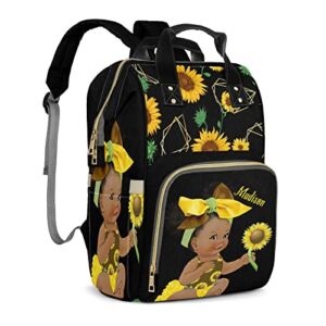 Personalized Sunflower African American Girl Waterproof Diaper Bag with Name Custom Baby Nappy Bag for Women Mommy Girl Gift