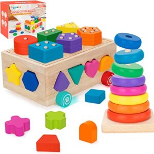 Montessori Toys for 1 Year Old, Baby Toy 12-18 Months, Wooden Shape Sorting & Ring Stacking Toys for Toddlers and Kids Preschool, Ideal Gift for Boys Girls Age 1 2 3 Years Old