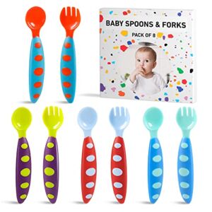 Toddler Utensils-4 Baby Spoons and 4 Baby Forks, Self Feeding Baby-First Stage Toddler Cutlery Set Toddler Must Haves,BPA Free Silicone-8 Pieces-12 Months+