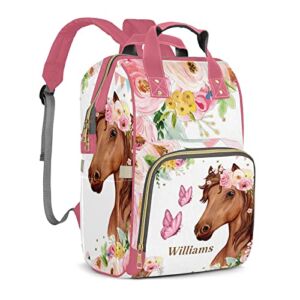 Custom Horse Flowers Diaper Bag Backpack with Name Personalized Nappy Baby Bag for Women Mommy Girl Gift