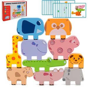 FancyWhoop Wooden Animals Toys Stacking Blocks: 10 PCS Montessori Animal Building Toys for Babys Toddlers Boys Girls Balance Toy Preschool Early Educational Toy with 10 Cards Party Favor Gifts