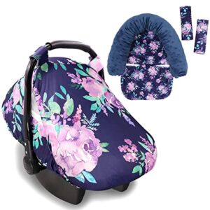Car Seat Cover & Carseat Headrest Strap Covers for Babies, Summer Cozy Sun & Bug Cover, Purple Flower