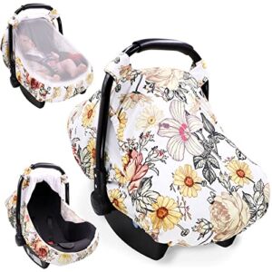 Floral Baby Car Seat Cover for Girl,Infant Carseat Canopy Sun & Bug Cover，Baby Carrier Cover with Zipped Peep Windows and Breathable Mesh, Stretchy 3in1Multi-use Stroller Cover