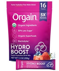 Organic Rapid Hydration Packets by Orgain, Berry Hydro Boost – Packed with Electrolytes & Superfoods, Less Sugar, Gluten Free, Vegan, No Soy Ingredients or Artificial Flavors, Non-GMO (Pack of 16)