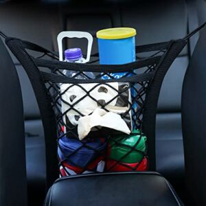 3-Layer Car Net Pouch Bag Barrier Kids and Pets, Strechable Car Mesh Organizer Fits Between the Front Seats, Easy Install Universal Net Pouch Storage Drinks, Wipes, Kleenex Box, and Masks