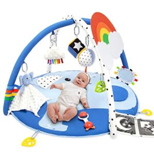 SYNPOS Baby Gym Play Mat, 4-in-1 Infant Activity Gym with 10 Detachable Toys for Toddler Sensory and Motor Skill Development Discovery, Newborn Essential Gifts for 0-18 Months Baby Girl Boy