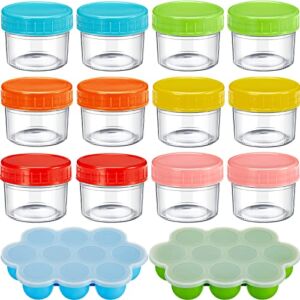 12 Pcs 4 oz Glass Baby Food Storage Jars Bundle and 2 Pcs Blue Silicone Freezer Tray Leak Proof Baby Food Glass Containers with Lids Small Reusable Food Containers for Infants Babies, Dishwasher Safe
