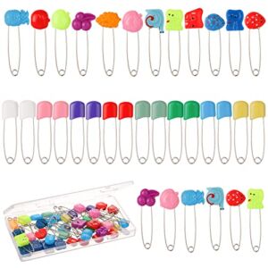 BENBO 40 Pcs Diaper Pins Baby Safety Pins 2.4 Inch Plastic Head Animal Fruit Kids Newborn Safety Pin Cloth Diaper Pins with Locking Closures Stainless Steel Nappy Pins with Box, Random Patterns