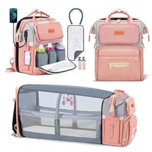 Gimars Baby Bag with Changing Station, 18 Pockets Upgraded 900D Tear Resistant Waterproof Material Larger Diaper Bag Backpack Lightweight Easy Foldable Bassinet with Toy Hanging Rod & USB Port