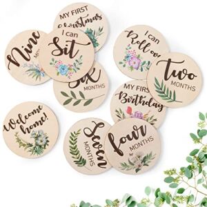 Baby Monthly Milestone Cards Sign – 10 Double Sided Marker Wooden Circles Discs Newborn Photography Prop, Pregnancy Journey Birth Announcement Sign Baby Boy and Girl Gift Sets