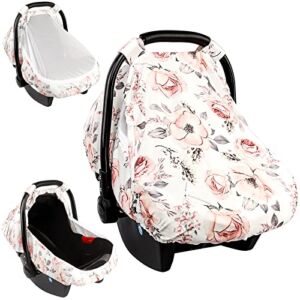 Carseat Cover Girls, Cozy Sun & Bug Cover, Floral Baby Carseat Canopy with Zipper Mesh, Watercolor Pink Flower