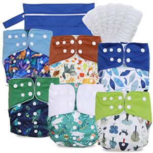 TDIAPERS Reusable Baby Cloth Diapers, Adjustable 6 Packs Pocket Diapers, with 6Pcs 5-Layer Bamboo Inserts and 1 Wet Bag