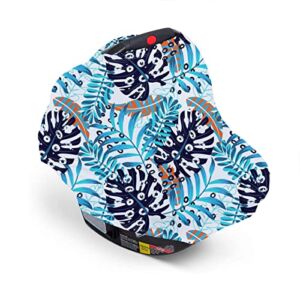 Tropical Plam Print Baby Car Seat Cover for Girls and Boys – 4 in 1 Stretchy Carseat Canopy, Nursing Cover, Grocery Cart Cover, High Chair Cover