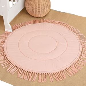 ABREEZE Baby Cotton Play Mat Round Nursery Rug Tassel Play Mat for Baby Kids Crawling Cushion, Baby Floor Mat for Kids Playroom Nursery Decor, Baby Crawling Mat Kids Playmat for Infants Toddlers,4FT
