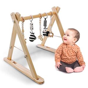 Foldable Wooden Baby Play Gym+Animal Sensory Hanging Rattle Toys(2 PCS)+Baby Teething Toys(3 PCS), with Babies Visual/Cognitive/Sensory Stimulation-for Babies 0-12 Month