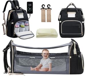 QYunChen Diaper Bag, 17″ x 13″ x 8″ Large Capacity Baby Diaper Bag with Changing Station, Waterproof Diaper Bag Backpack with USB Charging Port/ Stroller Strap/ Changing Pad (Black)