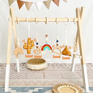 Wooden Baby Gym with 7 Gym Toys, PgUp Foldable Baby Play Gym Frame Hanging Bar, Toddler Activity Center for Play & Learn, Wooden Baby Play Gym Newborn Gift for Baby Girls and Boys