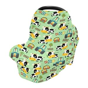Mazeann Cow Baby Car Seat Cover for Boys Girls, Stretchy Multi-use Breathable Cow on The Farm Nursing Cover for Breastfeeding, Green