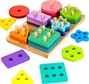 HELLOWOOD Montessori Wooden Sorting & Stacking Toys for 1 2 3 Years Old Toddlers, Shape Sorter Puzzles with 24-Piece Large Geometric Blocks, Gift for 12+ Months Baby Boys Girls