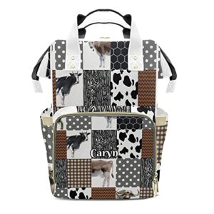 Custom Cute Cow Print Diaper Bag Backpack with Name Personalized Nappy Shoulders Bag Women Men Gifts