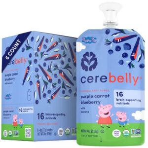 Cerebelly Baby Food Pouches Stage 1 – Purple Carrot Blueberry Smoothie (Pack of 6), Organic Fruit & Veggie Purees, Great Toddler Snacks, 16 Brain-supporting Nutrients from Superfoods, No Added Sugar