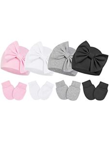 Century Star Newborn Girls Hats Baby Hat and Mitten Set Big Bow Knit Infant Headbands Winter Baby Hat for Girls White & Pink & Grey & Black 0-3 Months