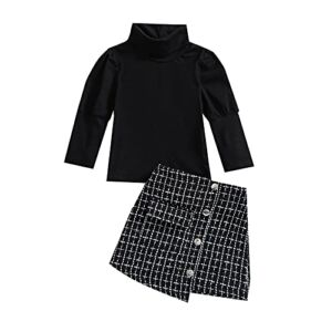 Toddler Baby Girl Fall Winter Clothes Turtleneck Solid Knit Pullover Tops Plaid Button A-Line Skirts Set Outfits ( Black Plaid Skirt Set, 2-3T )