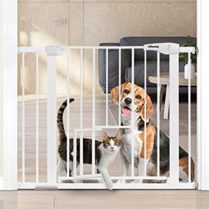 Dog Gate Durable Pet Gate Easy Walk Thru Dog Fence Gate with Pet Door for Stairs Doorways House, Fits Openings 29.5″-40.5″, Pressure Mounted