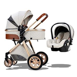 HHGO Prams and Pushchairs from Birth 3 in 1 Baby Stroller Carriage Foldable All-Terrain Mom Pushchair Lightweight Reversible Bassinet with Cup Holder Up to 25 Kg (Color : Beige)