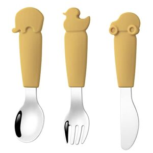 Baby Spoon and Fork Knife Set, Toddler Cutlery Set, Stainless Steel Toddler Utensils Set (Mustard)