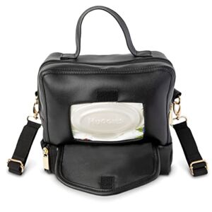 Small Diaper Bag – Mini Crossbody Baby Changing Station Bag with Wipes Compartment, Changing Pad, Stroller & Shoulder Strap (Black Vegan Leather)