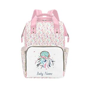 bliblisa Custom Text on Multi-Function Diaper Backpack Baby Bag Personalized Name Dream catcher Feather Outdoor Nursing Mommy Bags, Large