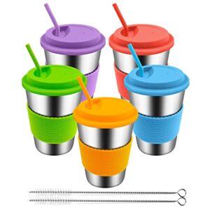 Vayugo Kids Stainless Steel Cups 5 Pack, Drinking Tumbler Sippy Cup with Colorful Silicone Lids, Straws & Sleeves, Unbreakable Metal Water Mugs for Toddlers, Children and Adults Indoor Outdoor, 12 oz