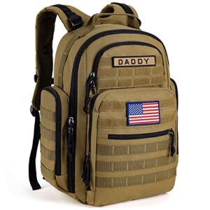 LIFE SKY Diaper Bag for Men with 18 Pockets, Dad Travel Nappy Bags Backpack with Flag Patch, Large Military Molle Baby Pack, Tan