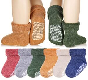 Baby Wool Grip Sock Soft Winter Warm Thick Non Slip Toddler Boy Girls Crew Socks For Children 6 Pairs (Solid Color, 1-3 Years)