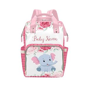 Personalized Pink Elephant with Rose Flower Customized Diaper Bag with Name Shoulder Daypack Backpack Gift for Mom Girl
