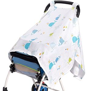 Baby Car Seat Cover for Boys Girls Lightweight Breathable Infant Muslin Car Seat Cover Multi-use Car Seat Cover Carseat Cover Scarf Carseat Canopy Large Size 47.2 x 35.4 Inch (Whale Pattern)