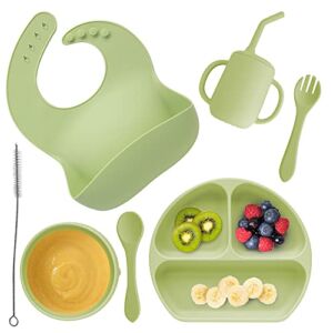Made By Mommy Baby Led Weaning Supplies – Complete Silicone Baby Feeding Set | Suction Baby Bowl | Snack Cup | Easy Using Utensils, Bib, Cup | 3 Portion Suction Plate