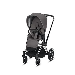 Cybex e-Priam Complete Stroller, Smart Assist Technology, Rocking Mode, One-Hand Compact Fold, Reversible Seat, Smooth Ride All-Wheel Suspension, Manhattan Grey Seat with Chrome/Black Frame