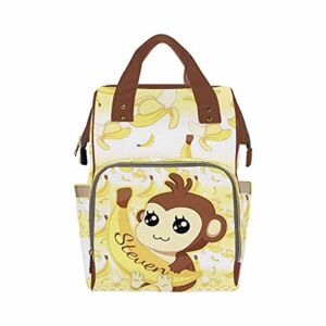 Personalized Backpack with Name, Cartoon Monkey Banana Custom Diaper Bag Mommy Nappy Bag Fashion Schoolbag Shoulder Bag Casual Daypack Bag for Baby Girls Boys School Travel