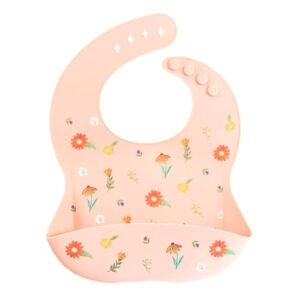 Austin Baby Co Mess Proof Silicone Bibs for Babies – Perfect Travel Toddler Bibs for Baby Girl – Waterproof with Adjustable Collar, Soft Food Grade Silicone, BPA Free (Wildflower- Ripe Peach)