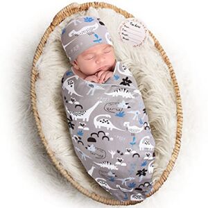 Soft Baby Swaddle Blankets Hat Set for 0-3-6 Months Boy Girl, Elstey Stretchy Newborn Receiving Blanket, Infant Nursery Swaddling Blankets, Swaddles Wrap for Babies, Photography Props Gift (Dinosaur)