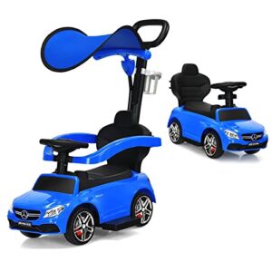 HONEY JOY Push Cars for Toddlers, 3 in 1 Mercedes Benz Car Stroller for Baby w/Canopy & Handle, Safety Bar, Cup Holder, Horn, Foot to Floor Ride On Sliding Car for Boys Girls 1-3 Years Old (Blue)