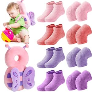 Baby Protection Set Including Toddler Baby Head Protection Cushion Backpack Wear, 4 Pairs Baby Crawling Anti Slip Knee Pads Safety Pad 4 Pairs Baby Socks for Baby Walking and Crawling, Butterfly Style